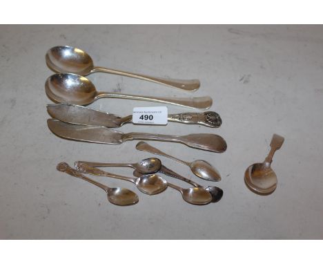 Two Victorian silver butter knives, two silver soup spoons, silver caddy spoon and six silver coffee and condiment spoons, 10