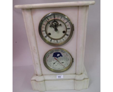 20th Century white marble dual dial mantel clock, the time dial with enamel and Roman numerals, visible escapement and two tr