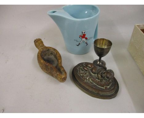 Small antique soapstone oil lamp, 19th Century bronzed metal paperweight - sleeping cupid, white metal eggcup and a Wade John