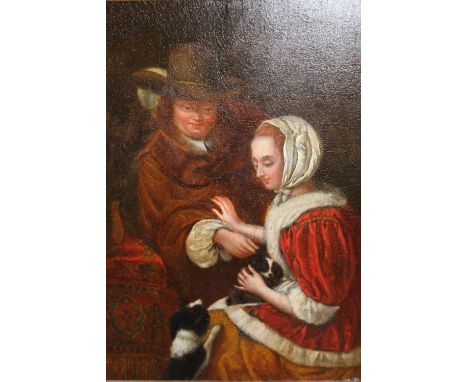 18th / 19th Century oil on oak panel, portrait of a lady and gentleman with two spaniels, heavy gilt framed, 9ins x 7.5ins 