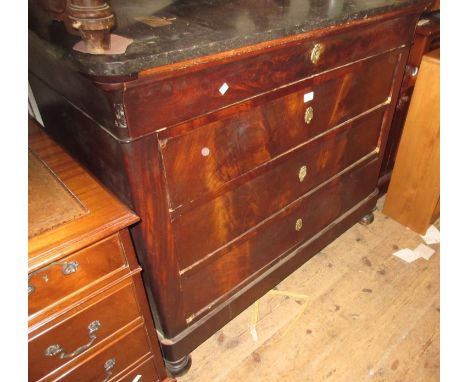 19th Century French walnut commode chest with a grey flecked marble top above four long drawers, raised on moulded feetSome s
