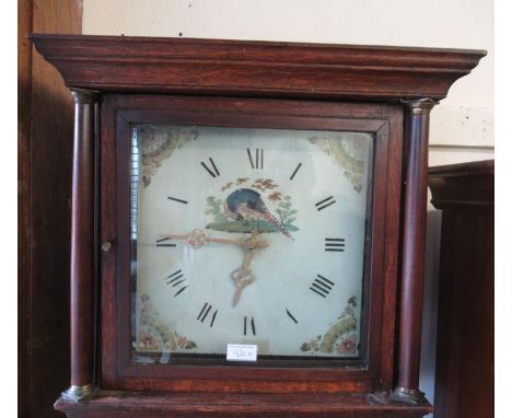 George III oak longcase clock, the square hood above an arched panel door with square painted dial, Arabic numerals and thirt