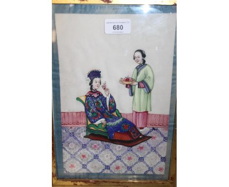 Three Chinese paintings on rice paper, study of exotic birds, portrait of nobleman and study of young lady and attendant, lar