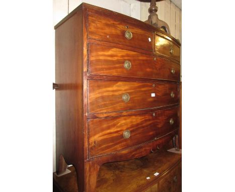 19th Century mahogany bow front chest of two short and three long drawers with circular brass handles and bracket feet, 40ins