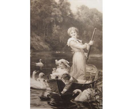 Fred Morgan, large signed black and white print, children in an open boat, 27ins x 19.5ins, together with two other large bla