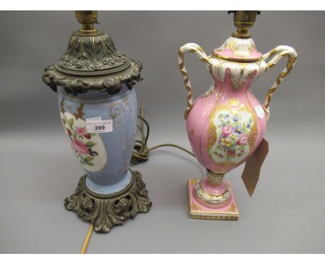 French porcelain floral painted table lamp together with a porcelain metal mounted oil lamp base adapted for use as a table l