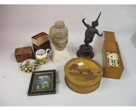 Thai bronze figure of a dancing girl on a later stand together with a Thai Buddhistic stoneware head mounted on a later displ