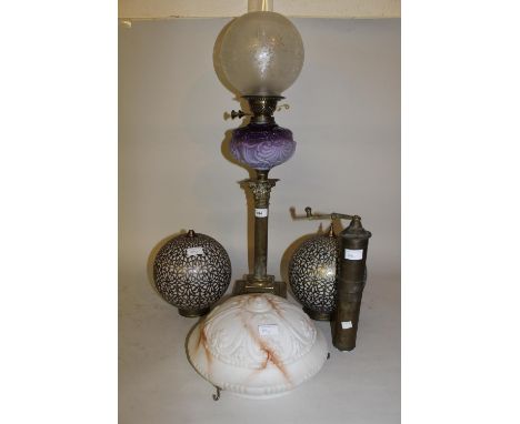 Victorian brass column oil lamp (crack to glass base), pair of Moroccan brass mounted glass ball form light fittings and a gl