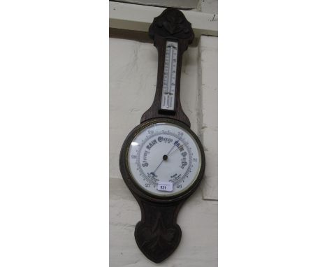 Edwardian carved oak aneroid barometer / thermometer 