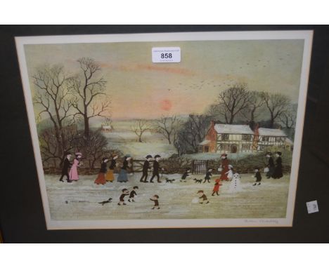 Helen Bradley, signed coloured print, figures in a winter landscape, together with a set of four signed coloured prints, ' Th