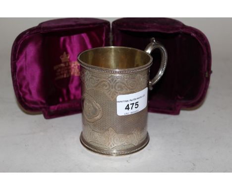 Good quality Victorian silver Christening mug with engine turned and etched decoration, London 1865, maker Edward and John Ba