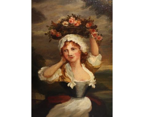 Unframed 19th Century oil on panel, portrait of a young lady with a basket of flowers, monogrammed (Hugh Thompson ?), 12ins x