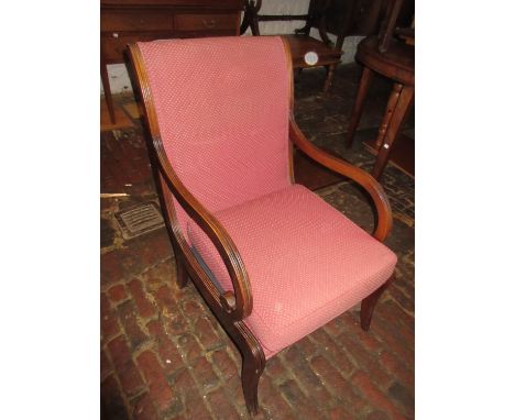 Pair of reproduction mahogany Regency style open elbow chairs on sabre front supports together with a pair of Chippendale sty