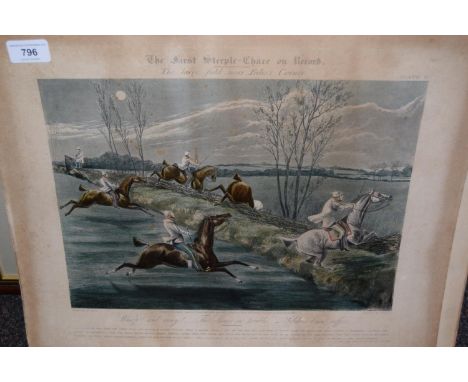 Group of four unframed coloured engravings, ' The First Steeplechase on Record ' after Alken (at fault) together with a 1977 