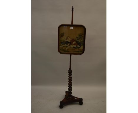 19th Century rosewood adjustable firescreen with needlework insert panel depicting a child sleeping with a dog in a landscape