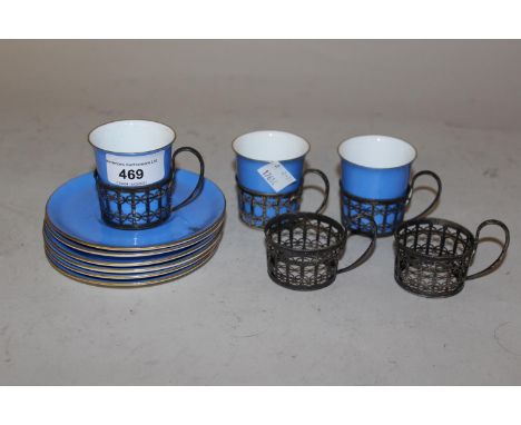 Set of five Mappin & Webb silver beaker holders with three Shelley beakers and six saucers 