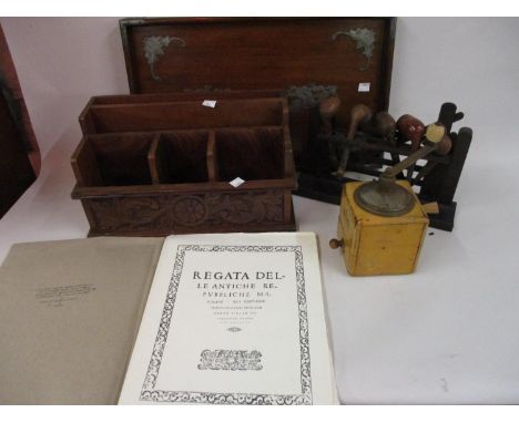 Indian carved hardwood stationery rack, a coffee grinder and sundries 