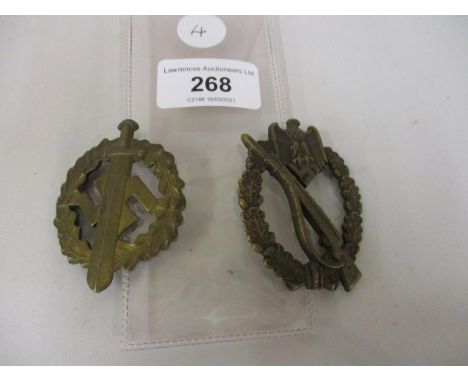 Third Reich SA Sports badge in bronze together with an Infantry Assault badge in bronze (pin missing) 