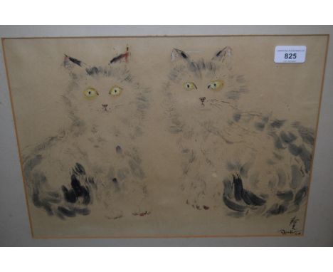 Shinko Deshima, signed ink and gouache, portrait of two cats, dated 1937, 11.5ins x 15.5ins 