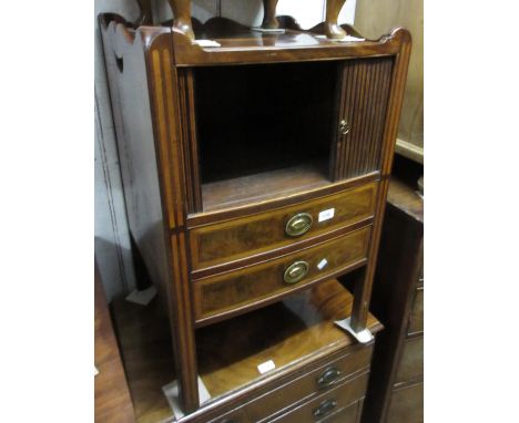 George III mahogany and satinwood crossbanded tray top commode adapted for use as a bedside cabinet with a tambour door above