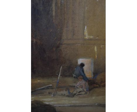 Gilt framed watercolour, two figures in a sunlit barn, signed R. Eadie, 13ins x 10ins 