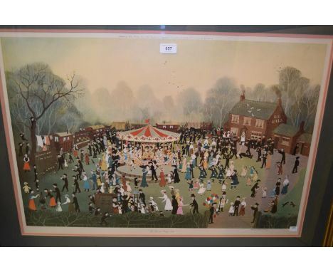 Helen Bradley, signed coloured print, ' The Fair at Daisy Nook ', another ' Blackpool Sands ' and another, figures on Blackpo
