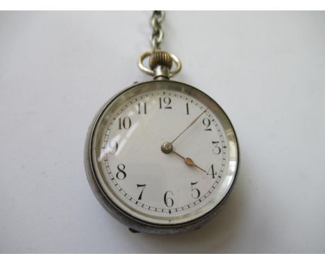 Small silver cased Victorian fob watch with white enamel dial having Arabic numerals and alternating link chain (at fault)Gen