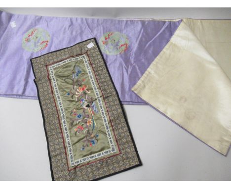 Green silk shawl with embroidered floral decoration and tassel border, together with a Chinese silk table runner and table ma