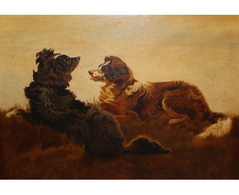 Late 19th Century oil on canvas, portrait of two dogs on a hillside, 11.5ins x 13.5ins 