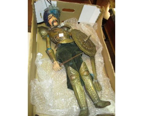 Painted wooden and brass mounted puppet in the form of a Turkish knight in armourNot a handle but just a plain metal rod issu