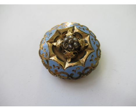 Victorian circular enamel decorated brooch set seed pearls and a diamond chip (minus one seed pearl and clip) 