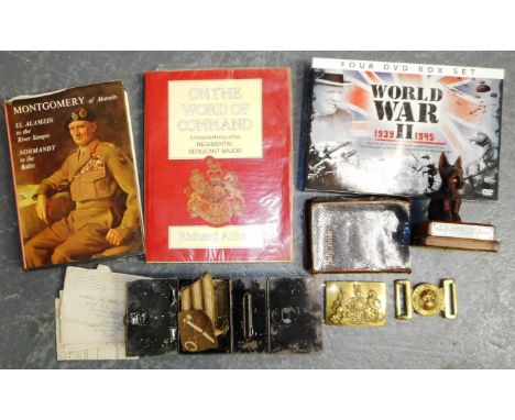 Coldstream Guards brass belt buckle, brass shoulder belt plate, various cloth badges and markings, two books with annotations