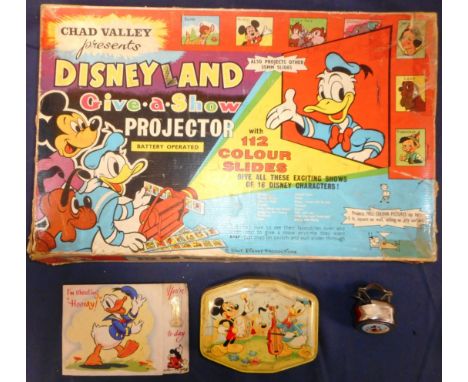 Mickey mouse projector in box, tin, bicycle bell and birthday card.