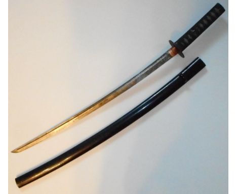 Japanese sword. 60cm fullered blade. Rusted iron tsuba. In lacquered scabbard.2 