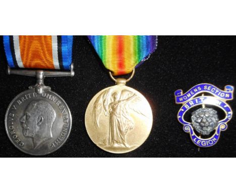 Medals. WW I pair. British War Medal &amp; Victory Medals; to 35629 Pte. W. Hodgson. R. War. R. Also British Legion womans se