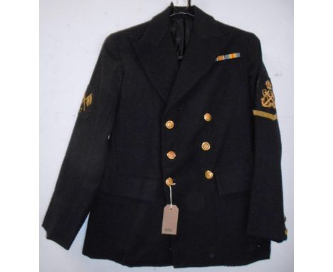 British Navy dress uniform jacket with brass naval buttons by Waterbury Button Co, bullion wire sleeve badges and medal ribbo