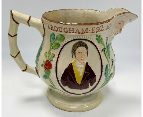 A Brougham & Denman pearlware relief moulded commemorative jug with oval portrait and impressed name to the rim, 4.5" high, c