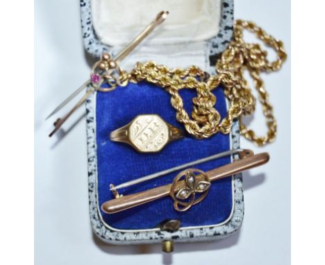 Jewellery - an Edwardian seed pearl inset 9ct gold bar brooch;  another pink stone;  9ct gold rope twist necklace;  9ct gold 