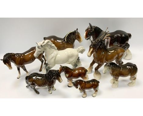 Beswick horses - cantering Shire, grey gloss; other, brown Shetland pony, standing Shires; others, similar, melba, etc (9) 