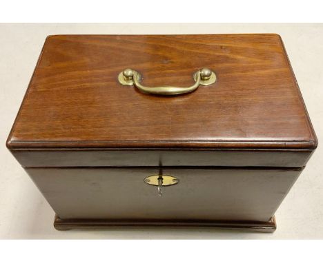 A Victorian mahogany three compartment tea caddy, brass swing handle; another single compartment tea caddy, brass inlay to li