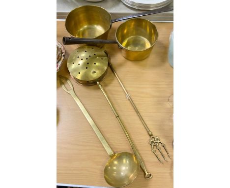 Two late victorian brass pans, chestnut roaster, ladle and toasting fork 