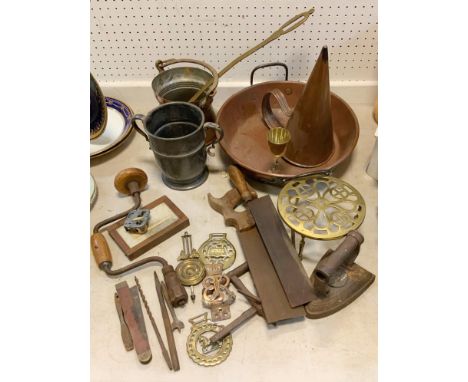 Metalware - a Victorian copper twin handled saucepan;  conical ale scoop,  brass ladle, trivet, qty tools, pewter trophy etc 