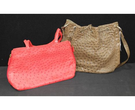Luxury Fashion - a Dilucio red ostrich skin lady's handbag, 35cm wide; another, Fiorenze, green , 29.5cm wide (2) 