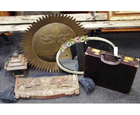 A John Michael leather briefcase;   a brass sun wall plaque;  a hall ceiling lantern;  a Barbola oval mirror;  a hardwood car