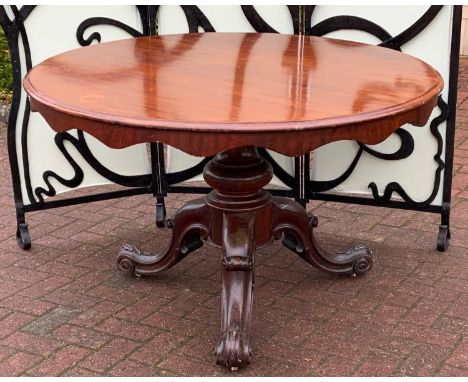 A Victorian mahogany loo table, circular top, turned column, cabriole legs, acanthus carved scrolling terminals, ceramic cast