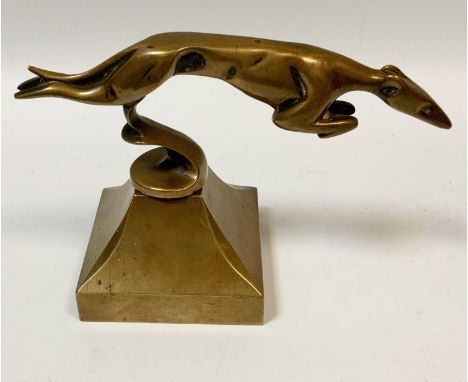 Automobilia - an Art Deco bronze car mascot as a leaping flying greyhound, shaped square base, 11cm high 