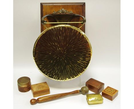 Boxes and Objects - an Edwardian Art Nouveau brass dinner gong, bronzed wall hanging bracket, a brass patch box, travelling i