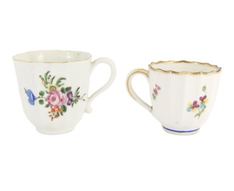 Two late 18thC porcelain coffee cups, comprising a Dr Wall First Period Worcester gilt rimmed and floral painted cup, blue ha