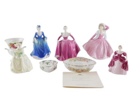A group of collectors china, comprising Coalport figures, Cathy Taking The Air, Joanne Springtime and Chloe, together with a 
