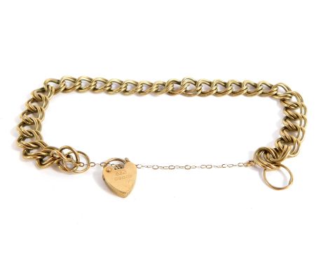 A 9ct gold gate bracelet, with two link interwoven bracelet and small heart shaped padlock with safety chain, 18cm long, 12.6
